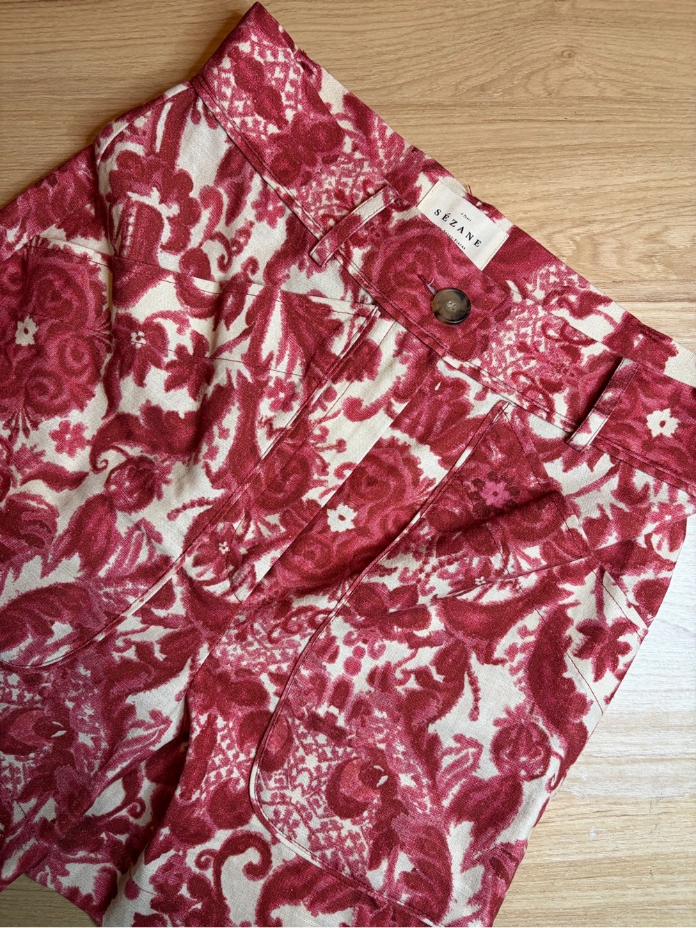 Sezane Alberello High Waist Printed Shorts Magda Red Pink Linen Blend US 4 NWT